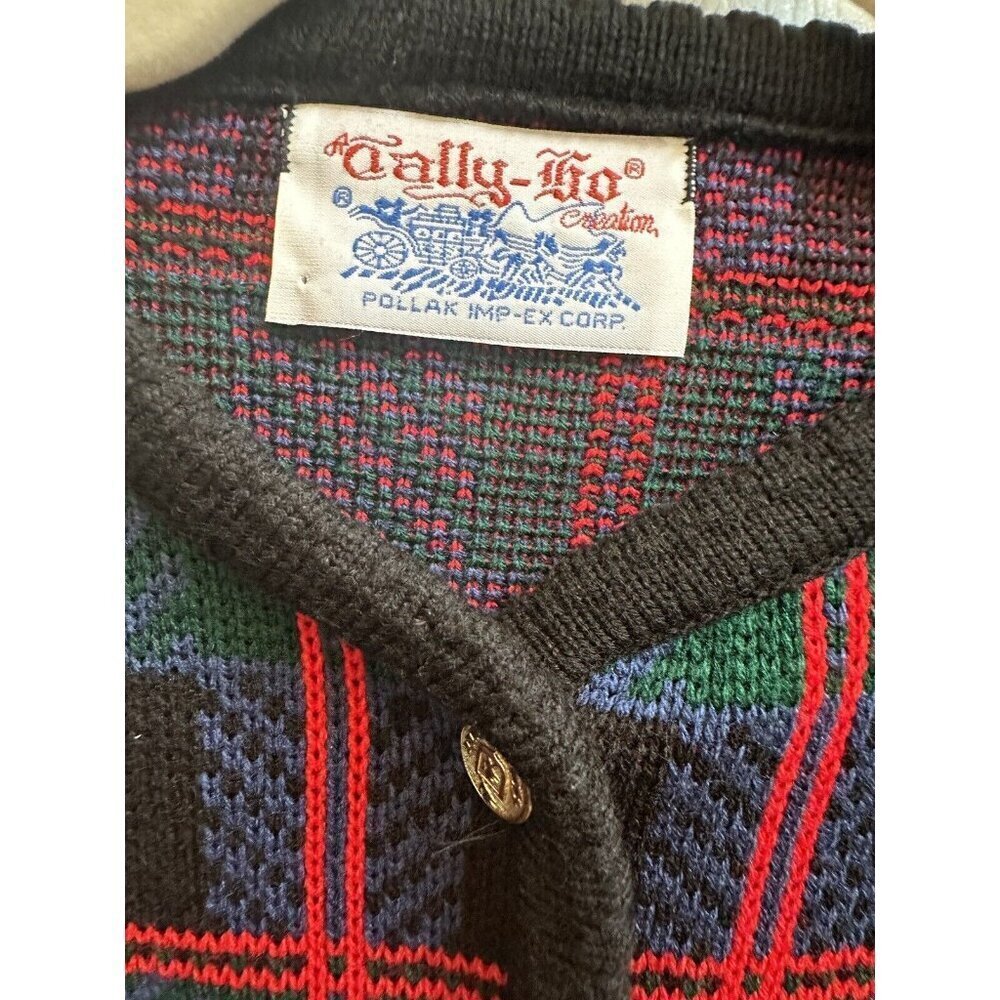 Tally Ho Sweater Cardigan Vtg 90s Plaid Teddy Bear Knit Womens Small - Picture 4 of 9